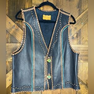 ROLLING THUNDER Artisan Leather Vest Antler Buttons with Turquoise Chips Sz L